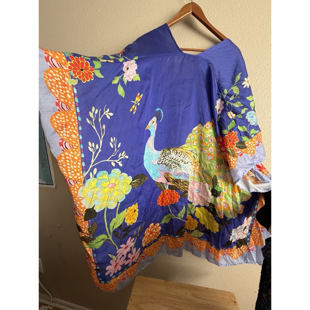 Margot Elena Peacock Kimono Wrap 100%Bemberg Artsy Vibrant Oversize Lagenlook OS - Picture 4 of 8